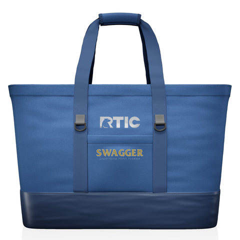 Custom RTIC insulated tote cooler in Navy with boat name