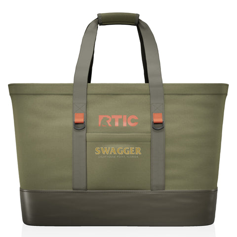 Custom RTIC insulated tote cooler in Olive with boat name