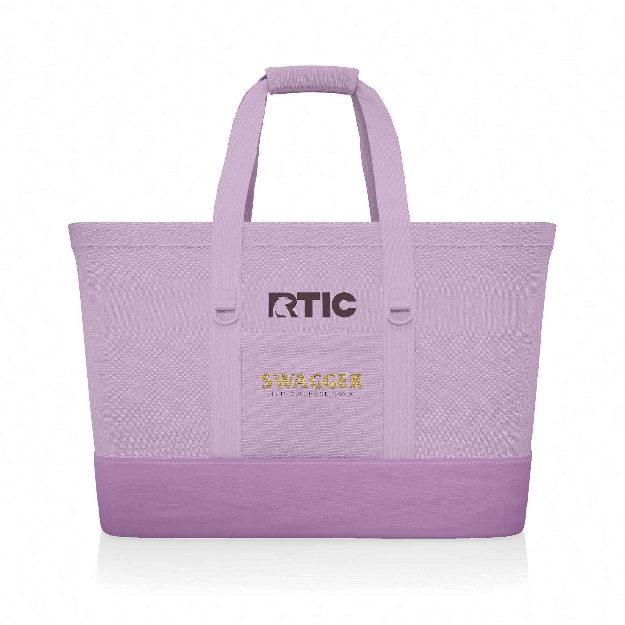 Custom RTIC insulated tote cooler in Purple with boat name