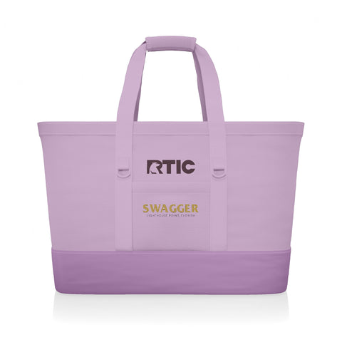 Custom RTIC insulated tote cooler in Purple with boat name